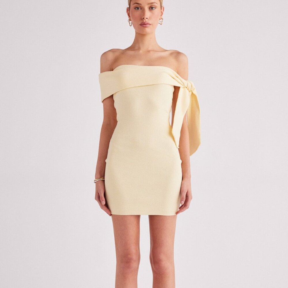 SNDYS Jaymes Mini Dress in Panna Cotta yellow knit off the shoulder bodycon